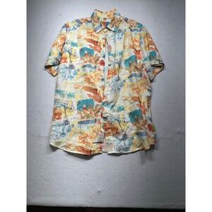 Margaritaville Mens 100% Linen Blend Short Sleeve Button Up Tropical Print  L